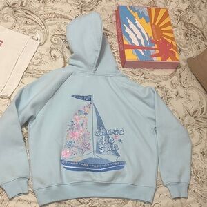 Pink Palm Puff Light Blue Women's Hoodie Includes Box and Dust Bag